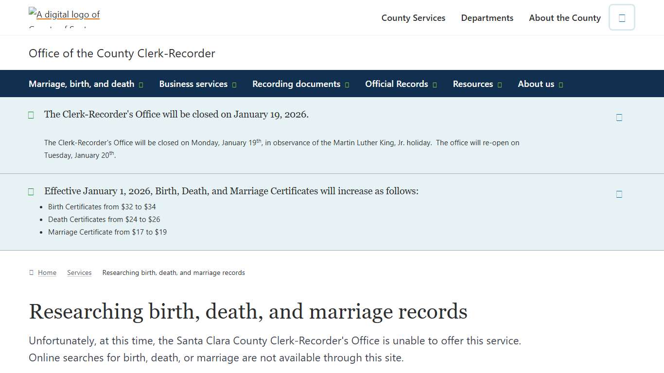 Researching birth, death, and marriage records | Office of the County Clerk-Recorder | County of Santa Clara